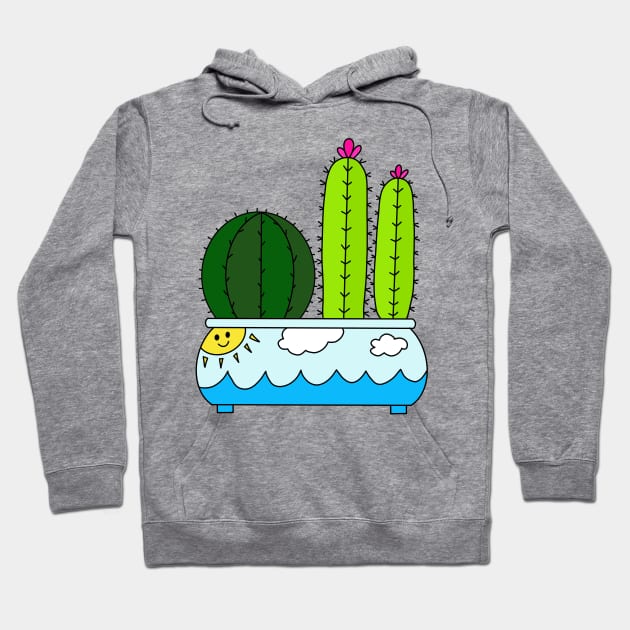 Cute Cactus Design #191: Cacti Arrangement In Sunny Ocean Pot Hoodie by DreamCactus